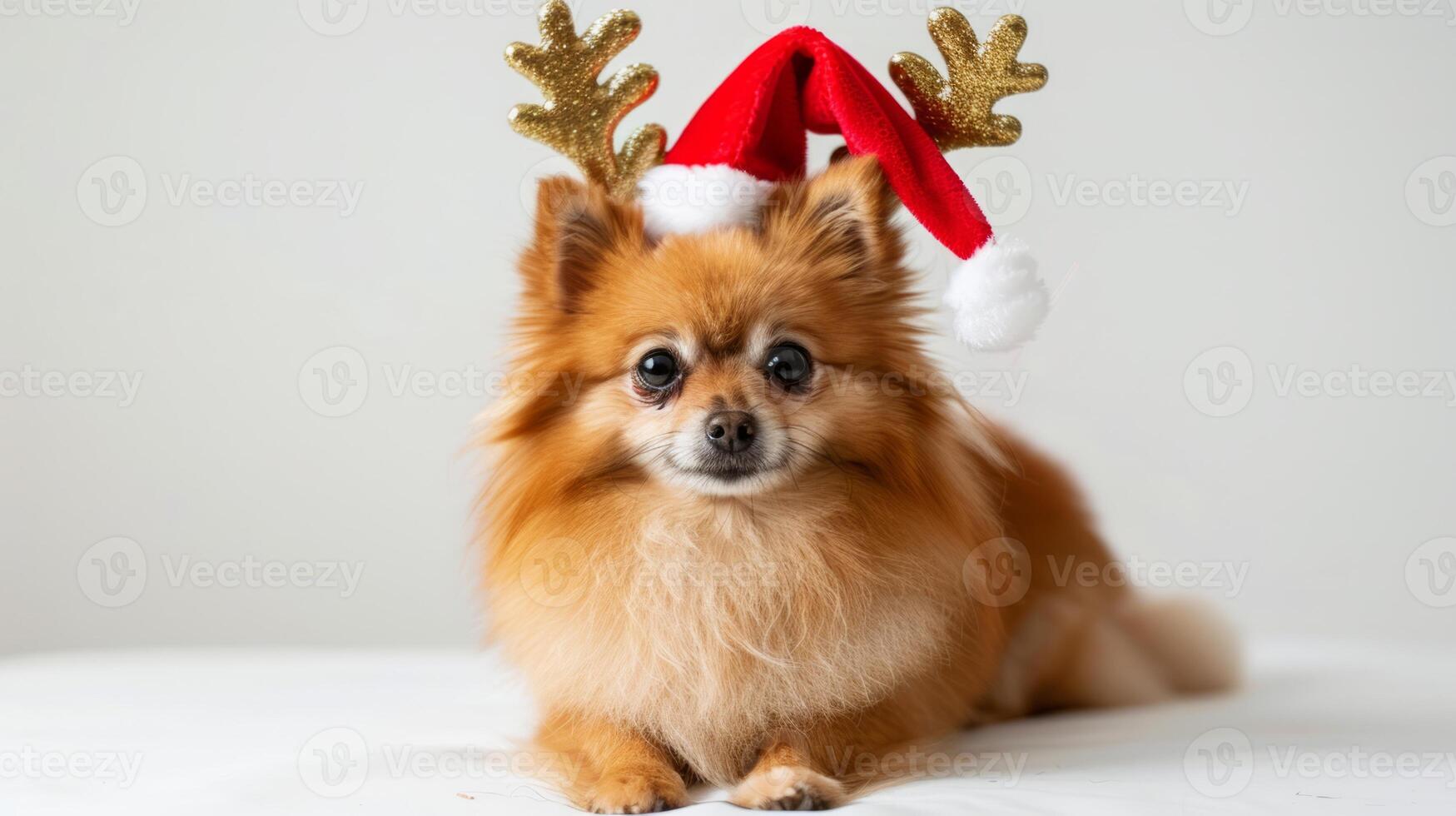 Pomeranian dog wearing reindeer antlers and a Santa hat. Concept of festive pet, Christmas, holiday, cute photo