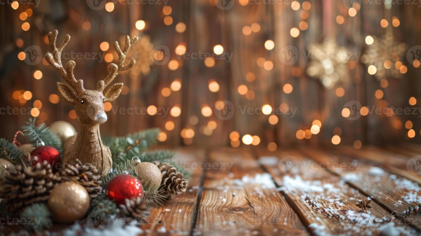 Festive reindeer figurine with pine cones and ornaments on a wooden table. Concept of holiday decor, Christmas, winter celebration, seasonal decorations photo