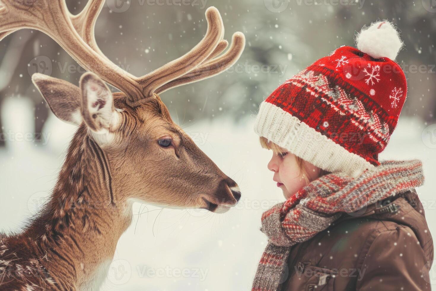 Young Caucasian Child with Red Hat Interacting with Reindeer in Snowy Forest Concept of Winter Wonderland, Animal Interaction, Outdoor Wilderness, Holiday Season photo