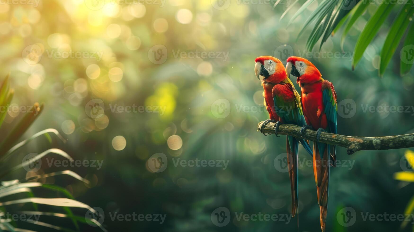 Two colorful macaws perched on a branch with tropical foliage in the background. Concept of exotic birds, wildlife, nature, tropical environment photo