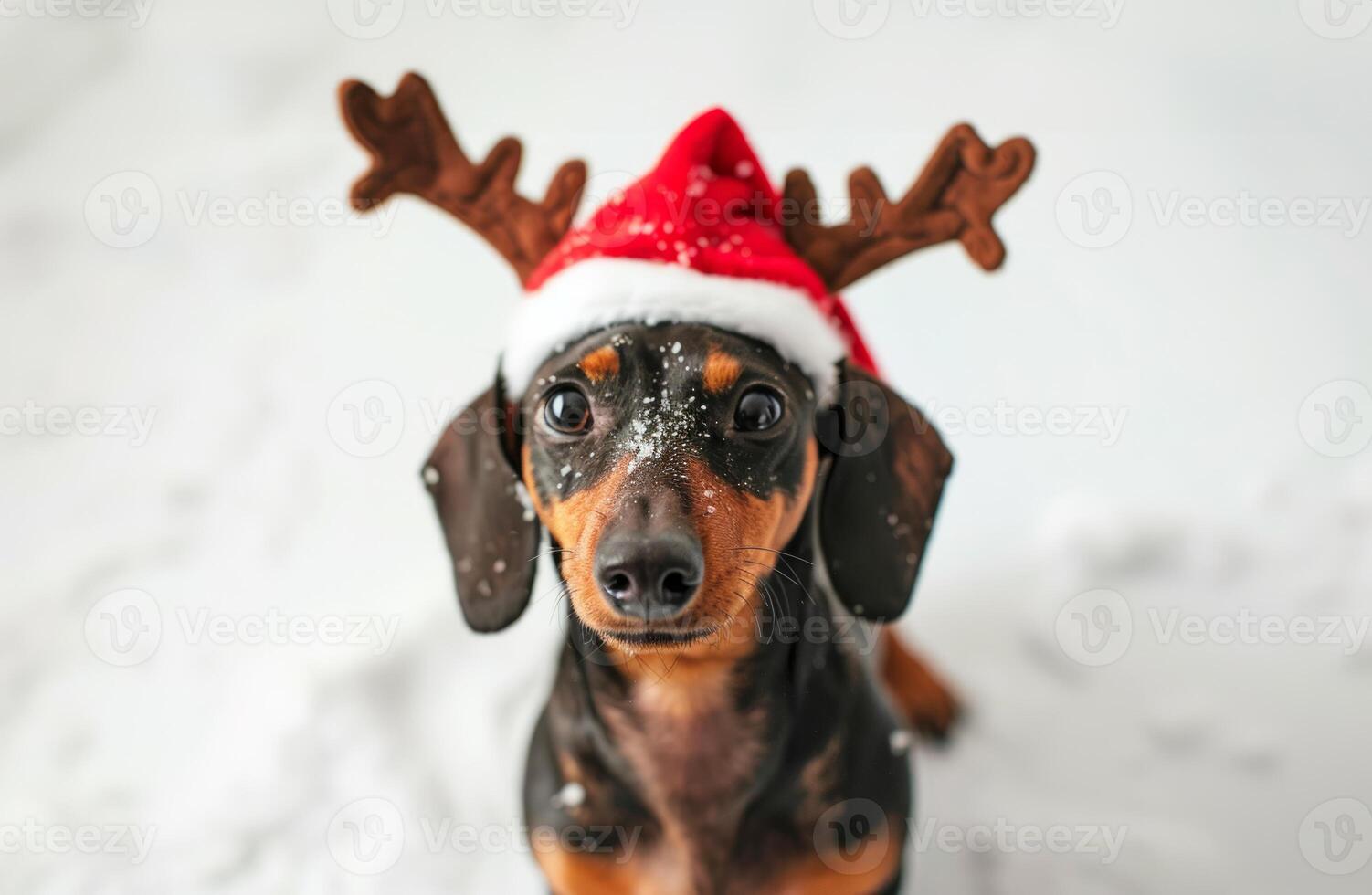 Cute dachshund puppy wearing a Santa hat with reindeer antlers on a cozy background. Concept of holiday pet, Christmas costume, festive dog, winter celebration photo