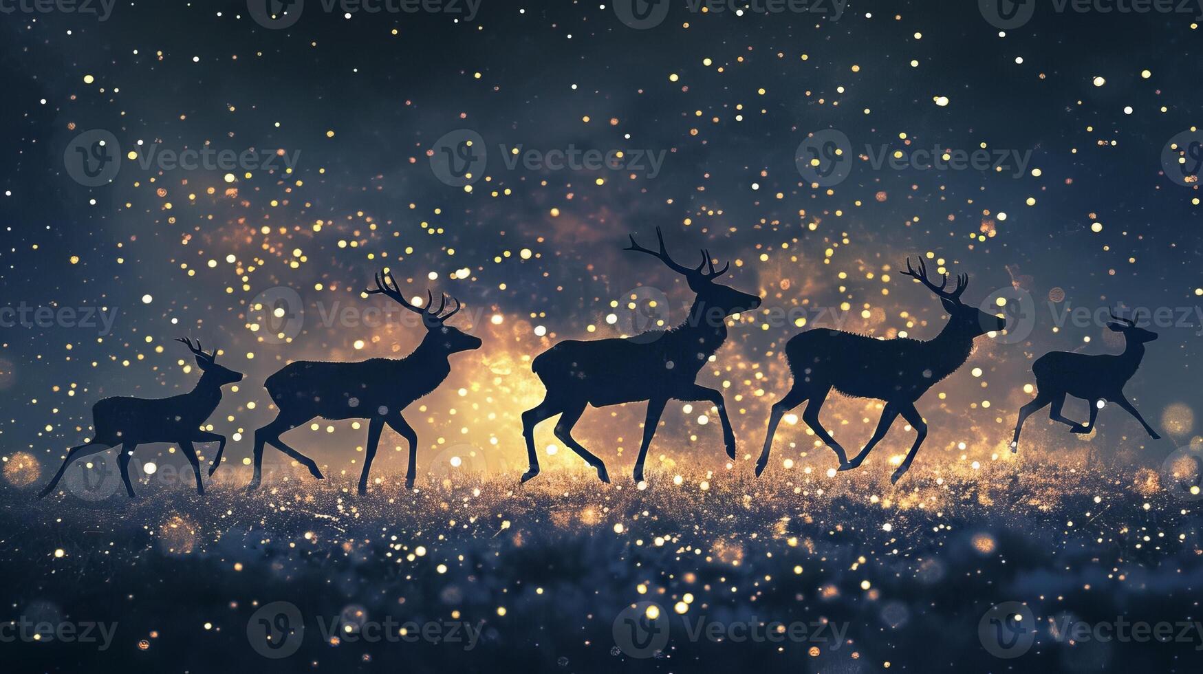 Silhouette of Three Deers at Night with Snowfall and Starry Sky. Concept of Nature, Wildlife, Winter, Night Scenery photo