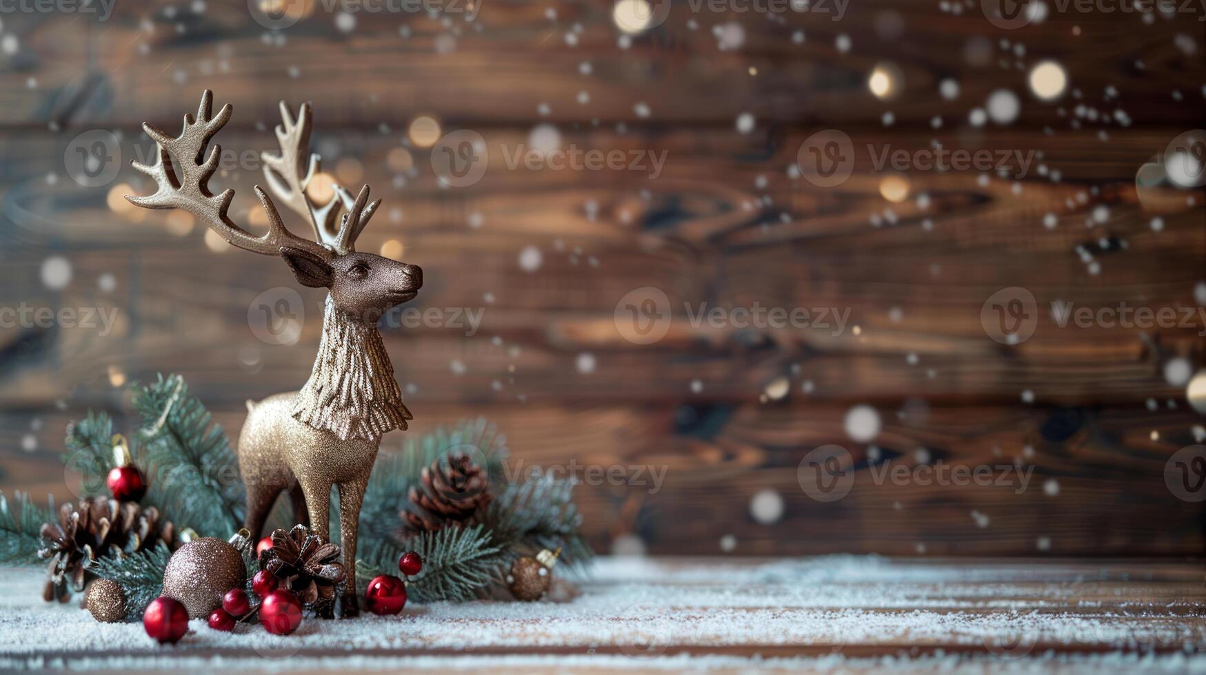 Festive reindeer figurine with pine cones and ornaments on a wooden table. Concept of holiday decor, Christmas, winter celebration, seasonal decorations photo