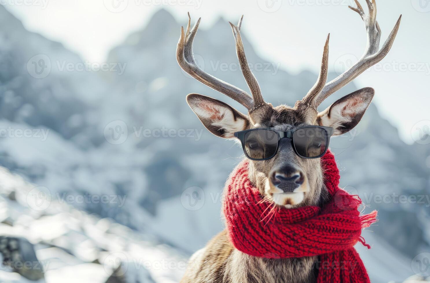 Reindeer wearing sunglasses and scarf in a snowy mountain landscape. Concept of winter holidays, Christmas season, festive reindeer, winter fashion. Funny animal photo