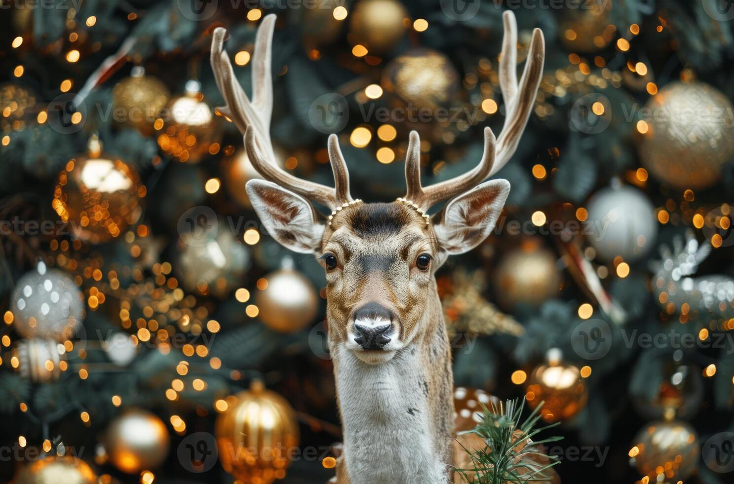 Christmas reindeer with antlers in front of a decorated holiday background. Concept of Christmas, New Year, reindeer, festive celebration photo