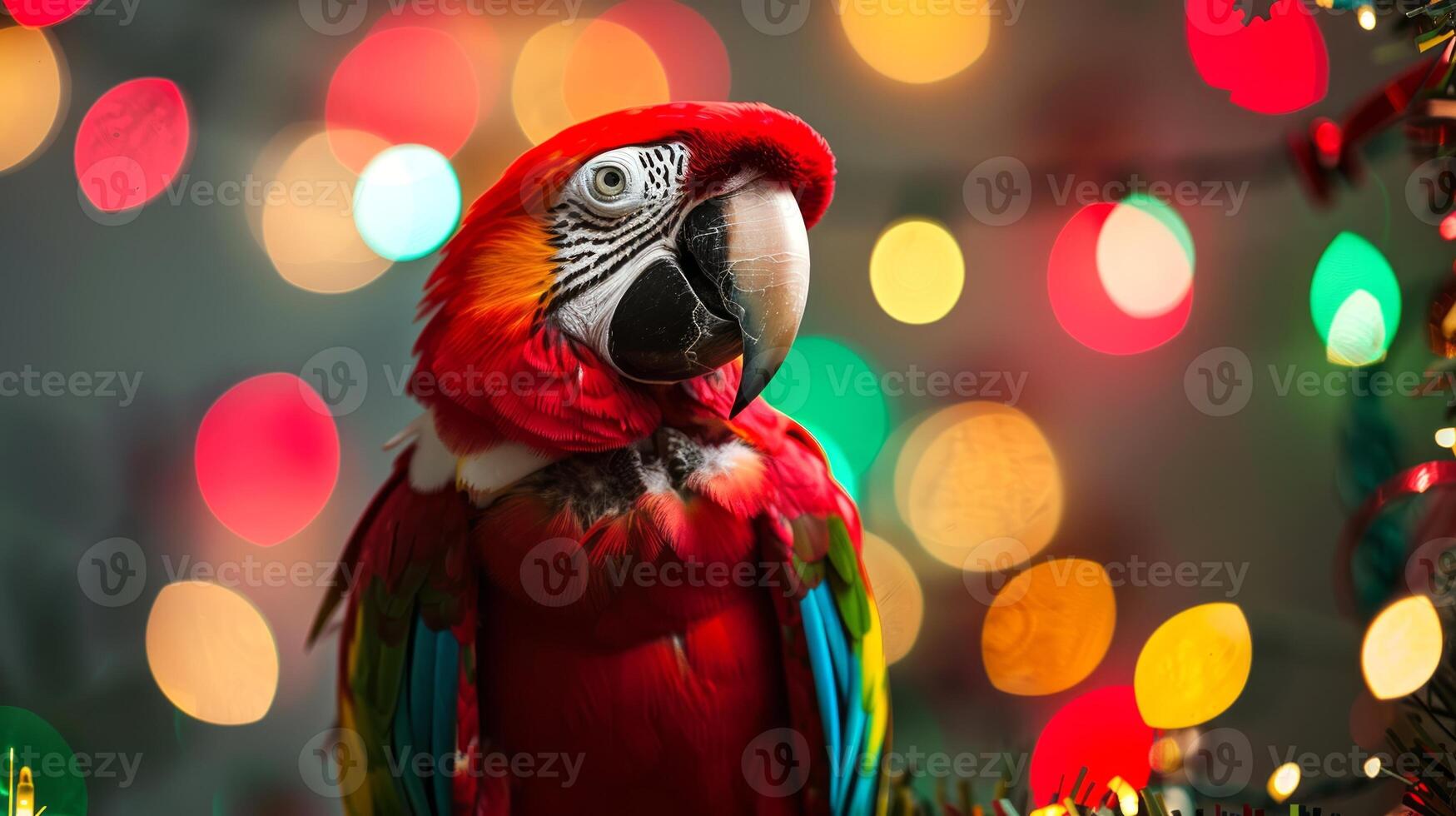 Colorful parrot with vibrant feathers in front of festive lights. Concept of exotic bird, pet, tropical wildlife, festive decoration photo