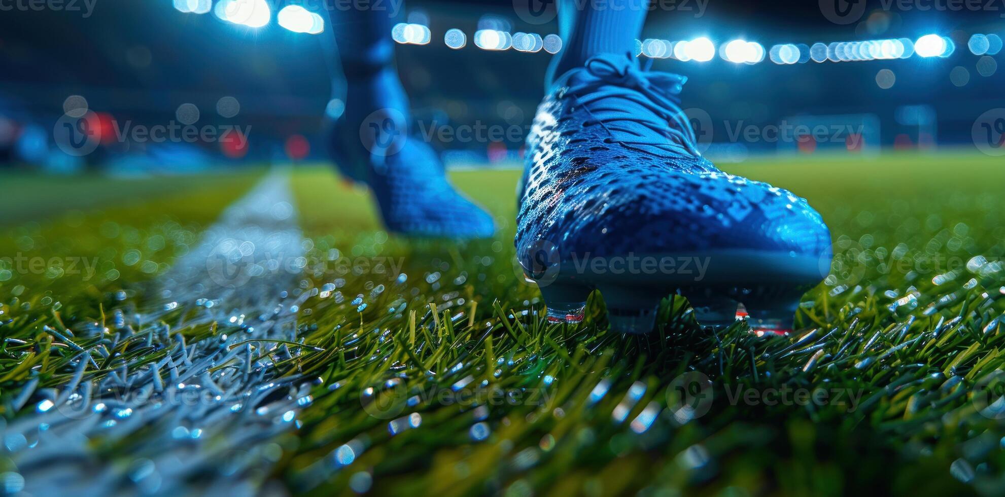 Close up of a soccer player's foot in a blue shoe on a football stadium field background with copy space. photo