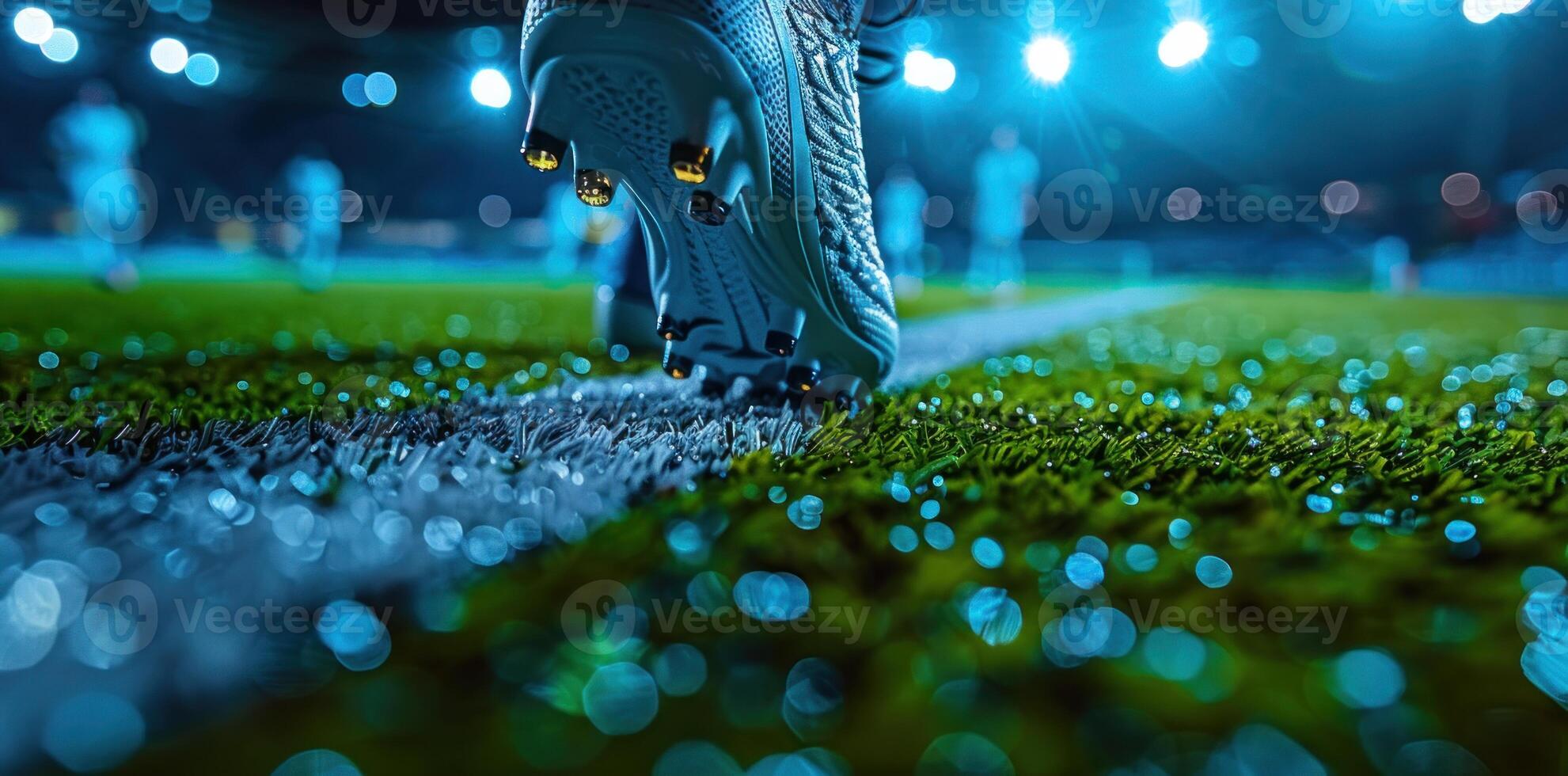 Close up of a soccer player's foot in a blue shoe on a football stadium field background with copy space. photo