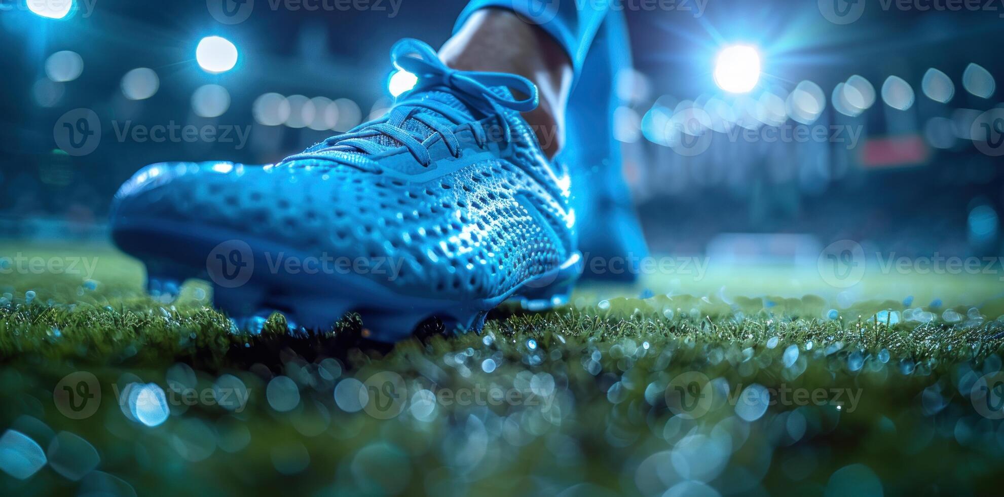 Close up of a soccer player's foot in a blue shoe on a football stadium field background with copy space. photo