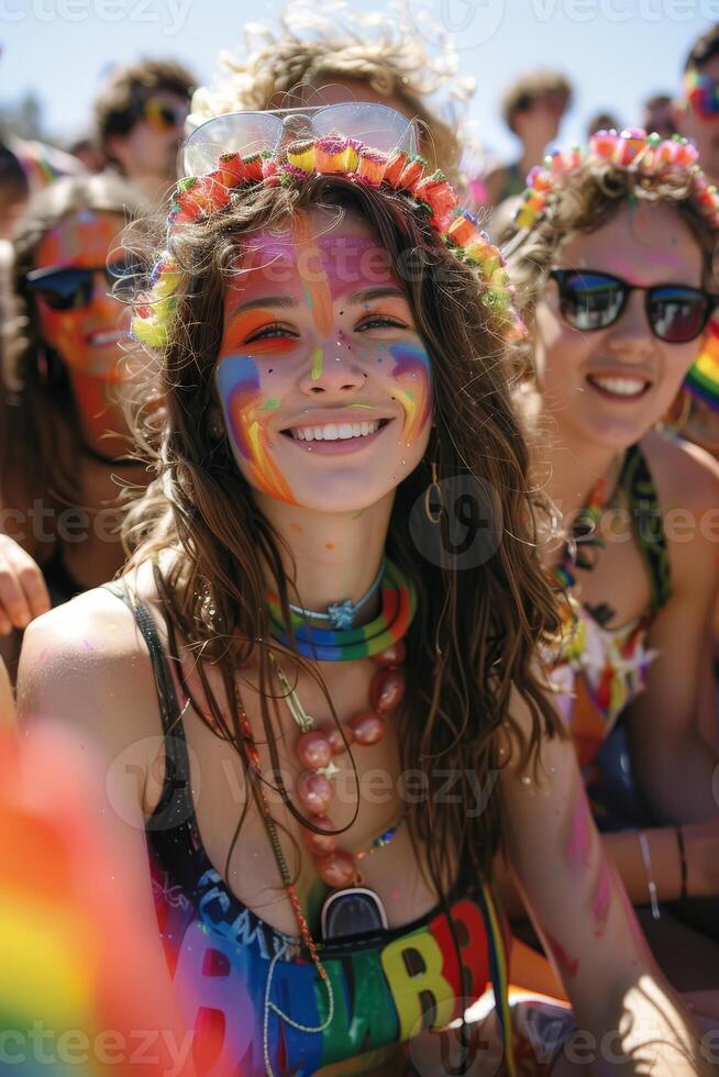 Rainbow Pride Celebration - Diverse Crowd with Colorful Painted Faces and Accessories Uniting in Joy photo