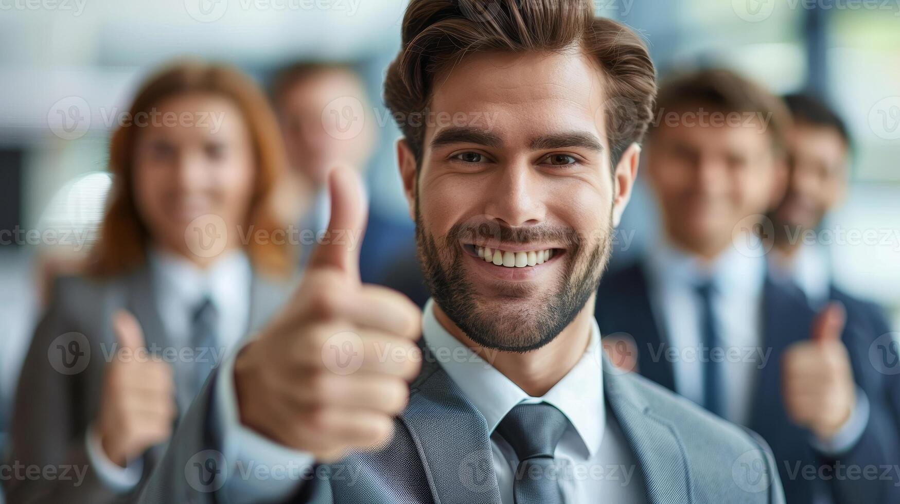 Motivated Team Leader Celebrating Success with Cheerful Team Members in Background photo
