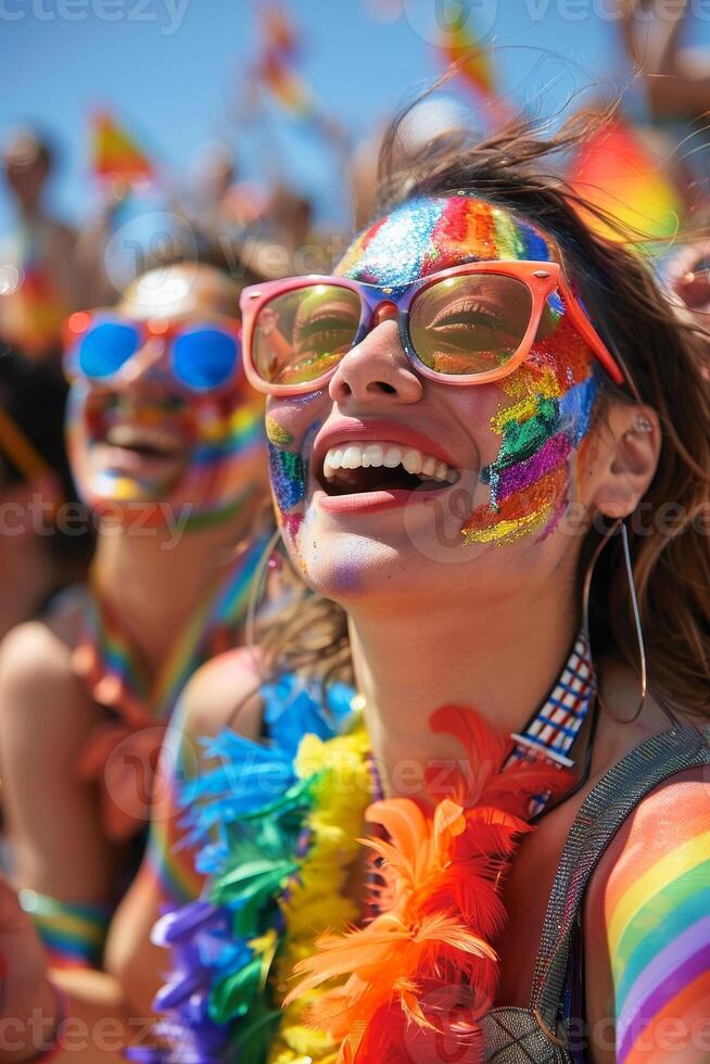 Rainbow Pride Celebration - Diverse Crowd with Colorful Painted Faces and Accessories Uniting in Joy photo