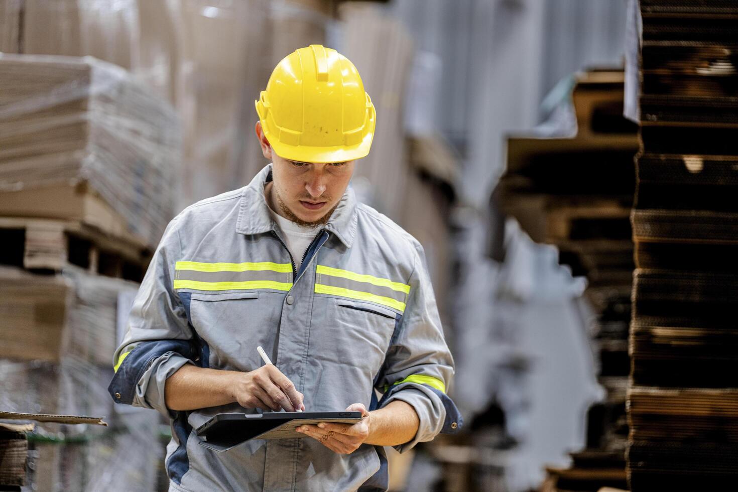 man worker walking and checking stock items for shipping. male inspecting the store factory. Logistics employees holding folders at on site warehouse area for shipping transportation. photo