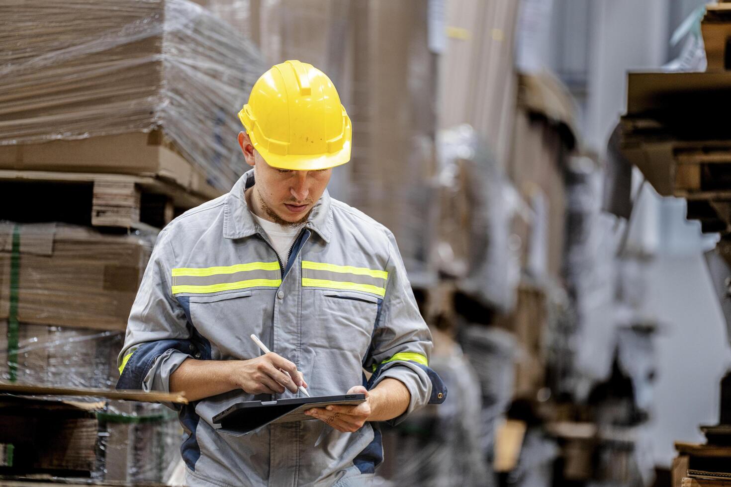 man worker walking and checking stock items for shipping. male inspecting the store factory. Logistics employees holding folders at on site warehouse area for shipping transportation. photo