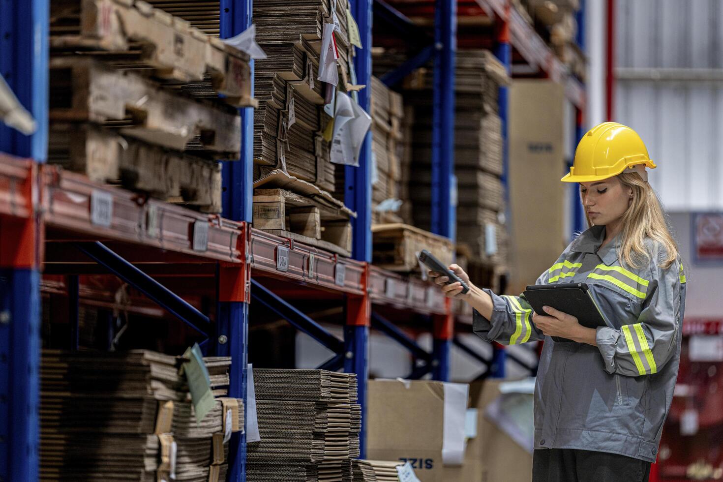 woman worker walking and checking stock items for shipping. Female inspecting the store factory. Logistics employees holding folders at on site warehouse area for shipping transportation. photo