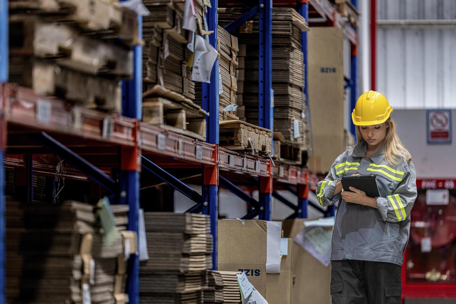 woman worker walking and checking stock items for shipping. Female inspecting the store factory. Logistics employees holding folders at on site warehouse area for shipping transportation. photo