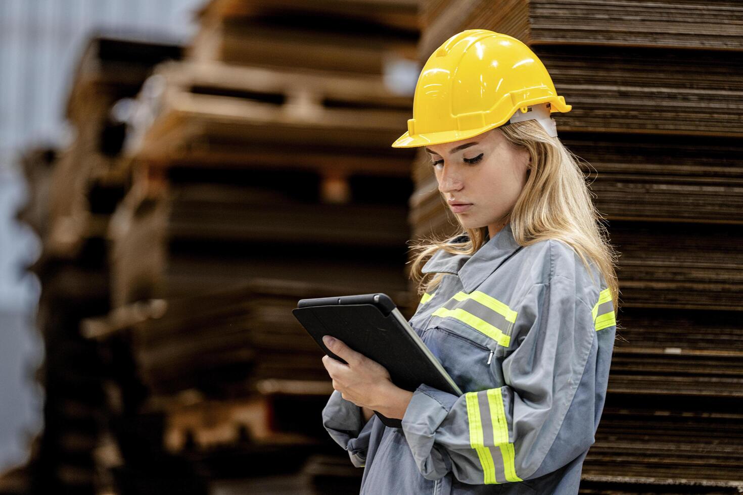 woman worker walking and checking stock items for shipping. Female inspecting the store factory. Logistics employees holding folders at on site warehouse area for shipping transportation. photo