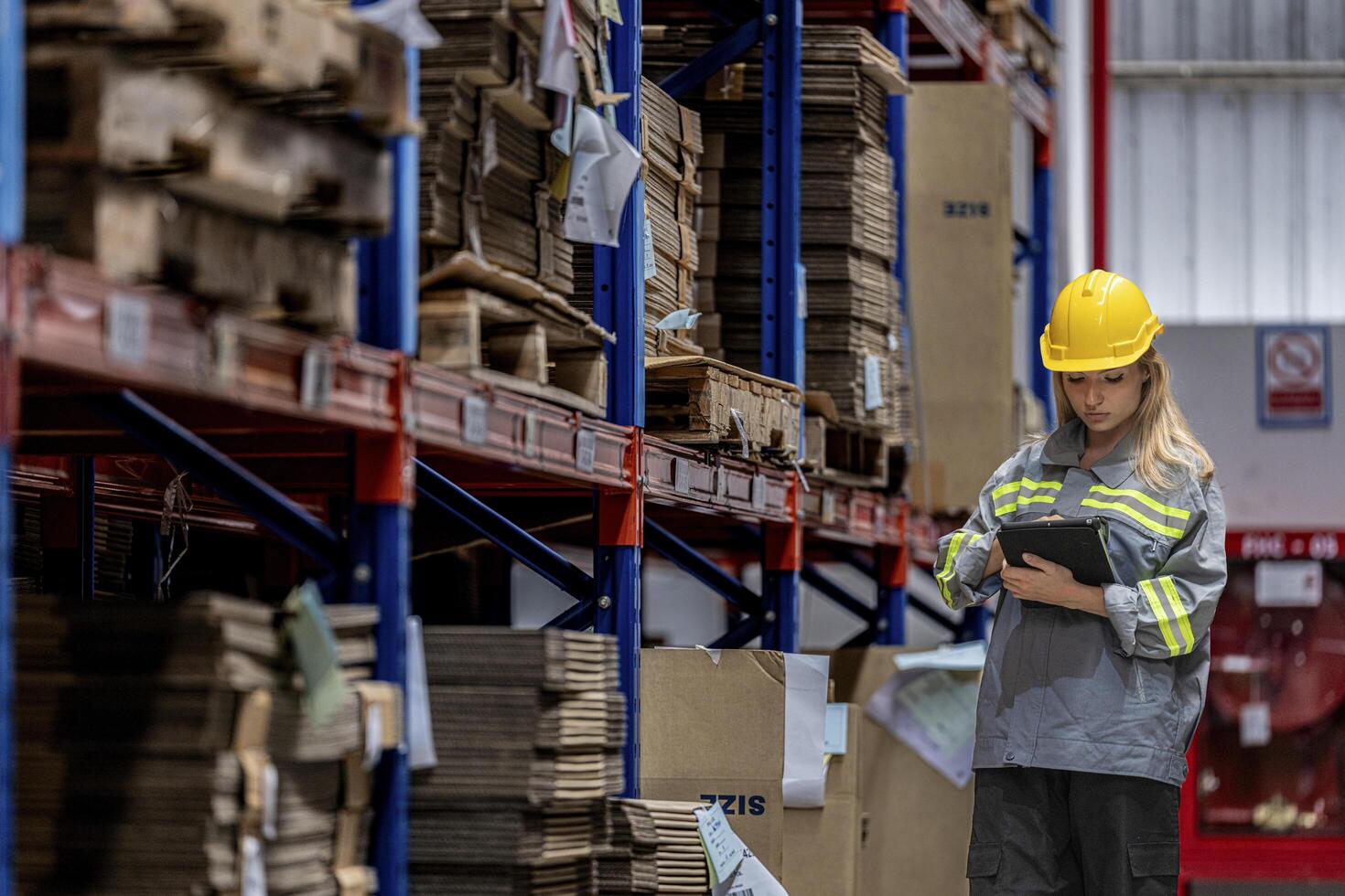 woman worker walking and checking stock items for shipping. Female inspecting the store factory. Logistics employees holding folders at on site warehouse area for shipping transportation. photo