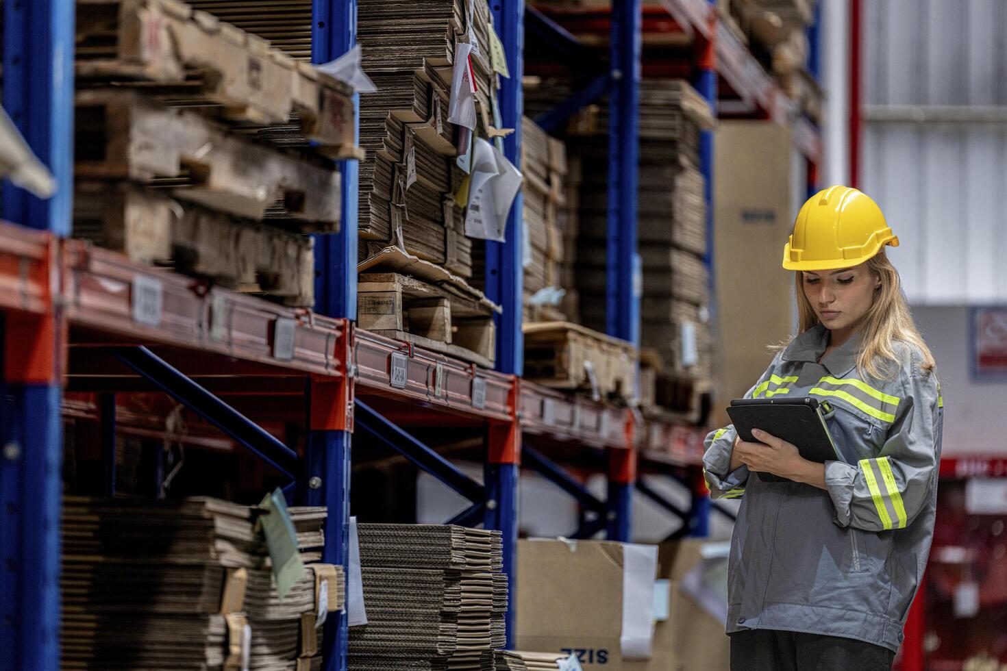 woman worker walking and checking stock items for shipping. Female inspecting the store factory. Logistics employees holding folders at on site warehouse area for shipping transportation. photo