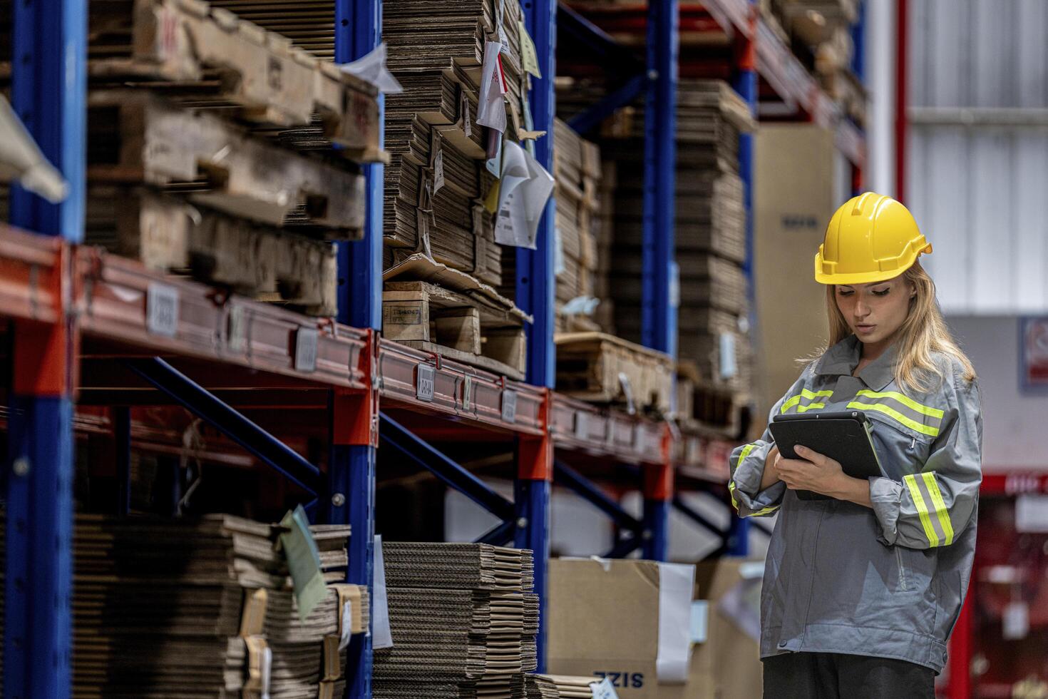woman worker walking and checking stock items for shipping. Female inspecting the store factory. Logistics employees holding folders at on site warehouse area for shipping transportation. photo