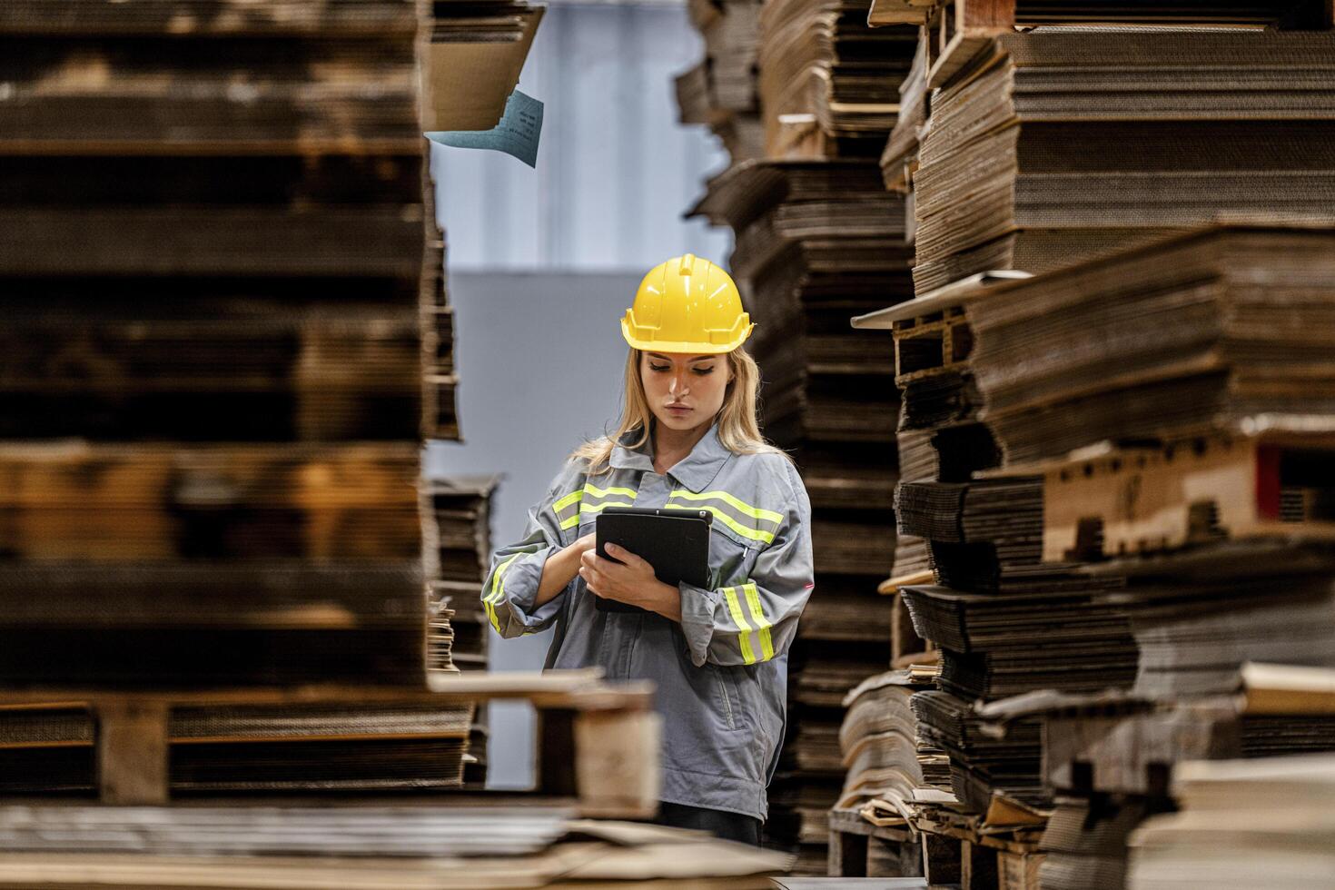 woman worker walking and checking stock items for shipping. Female inspecting the store factory. Logistics employees holding folders at on site warehouse area for shipping transportation. photo