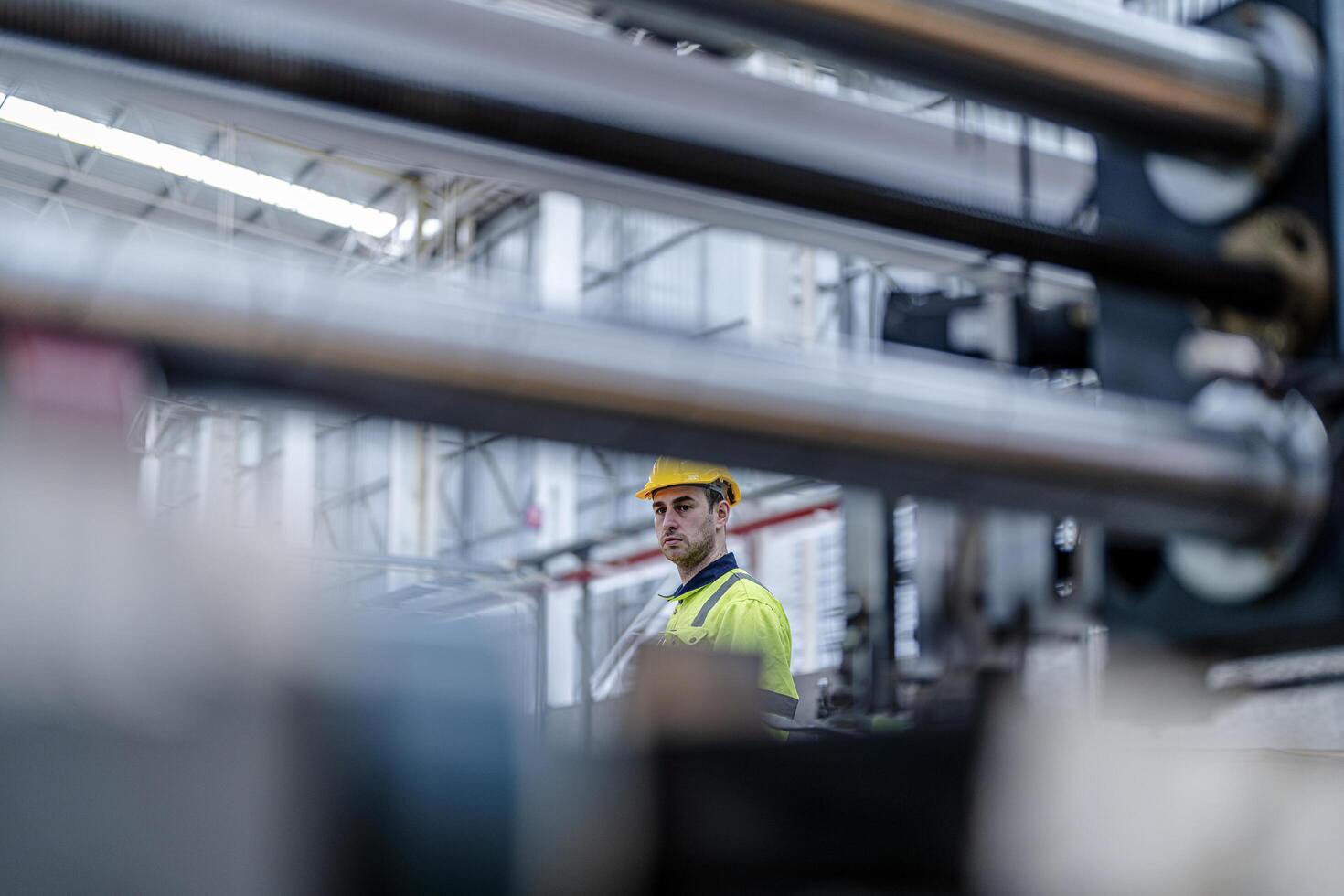 technician engineers checking the process on Heavy machine. mechanical engineering team production. Industry manufacturing. Worker holding tablet and folde. High technology production. photo