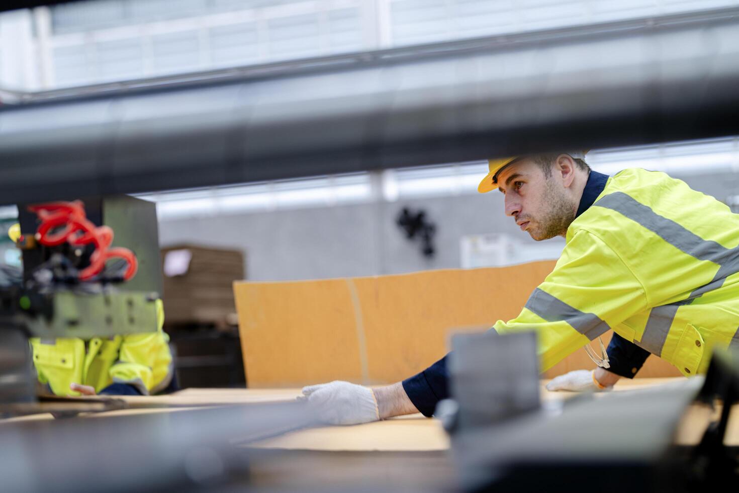 technician engineers checking the process on Heavy machine. mechanical engineering team production. Industry manufacturing. Worker holding tablet and folde. High technology production. photo