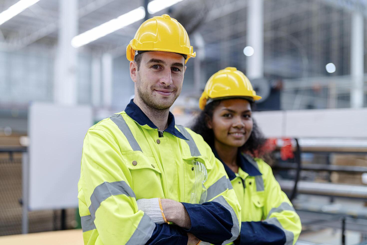 Male and female engineers in neat work clothes prepare and control the production system of large modern machines in a factory producing industrial technology products. photo