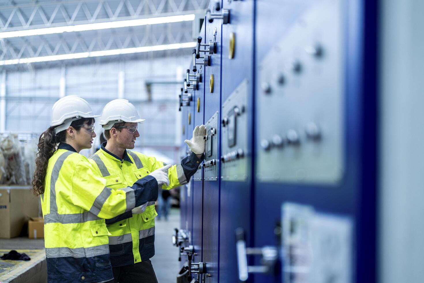 Male and female engineers in neat work clothes prepare and control the production system of large modern machines in a factory producing industrial technology products. photo
