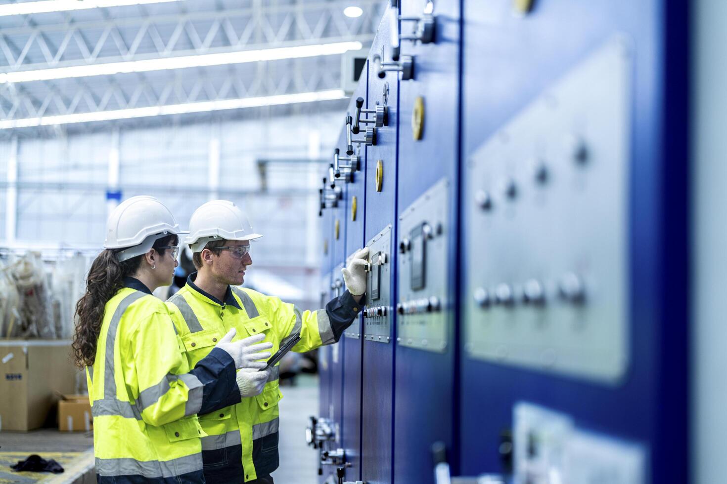Male and female engineers in neat work clothes prepare and control the production system of large modern machines in a factory producing industrial technology products. photo