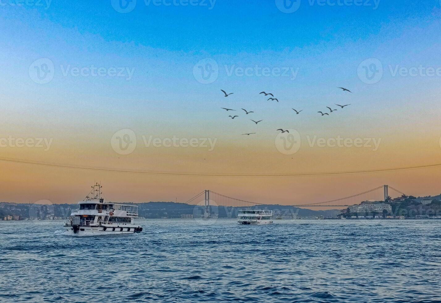 a boat is in the water with birds flying around it. Bosphorus Istanbul Turkey photo