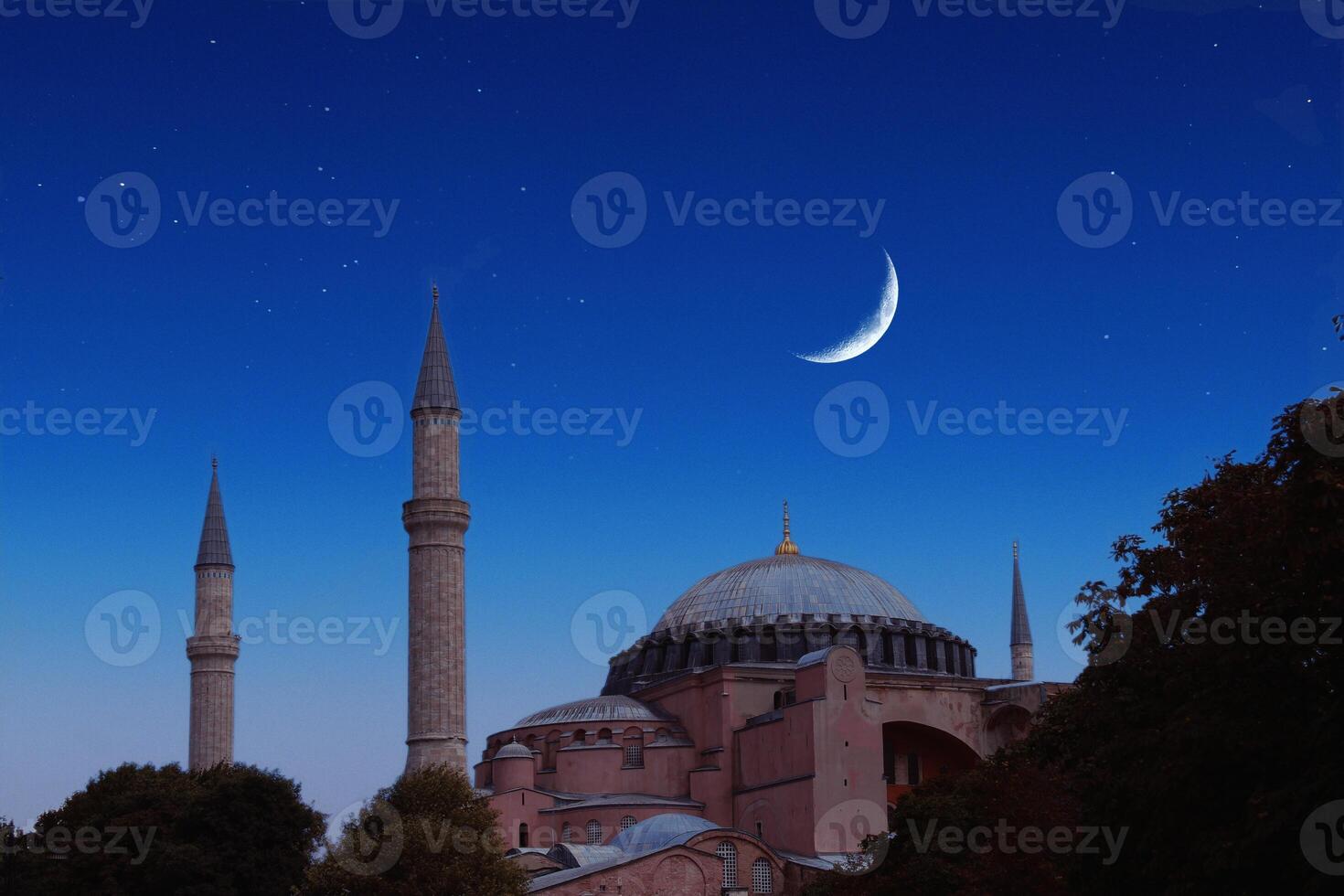 Hagia Sophia mosque with a moon in the background. Happy the 27th day of Ramadan or laylat al-qadr. photo