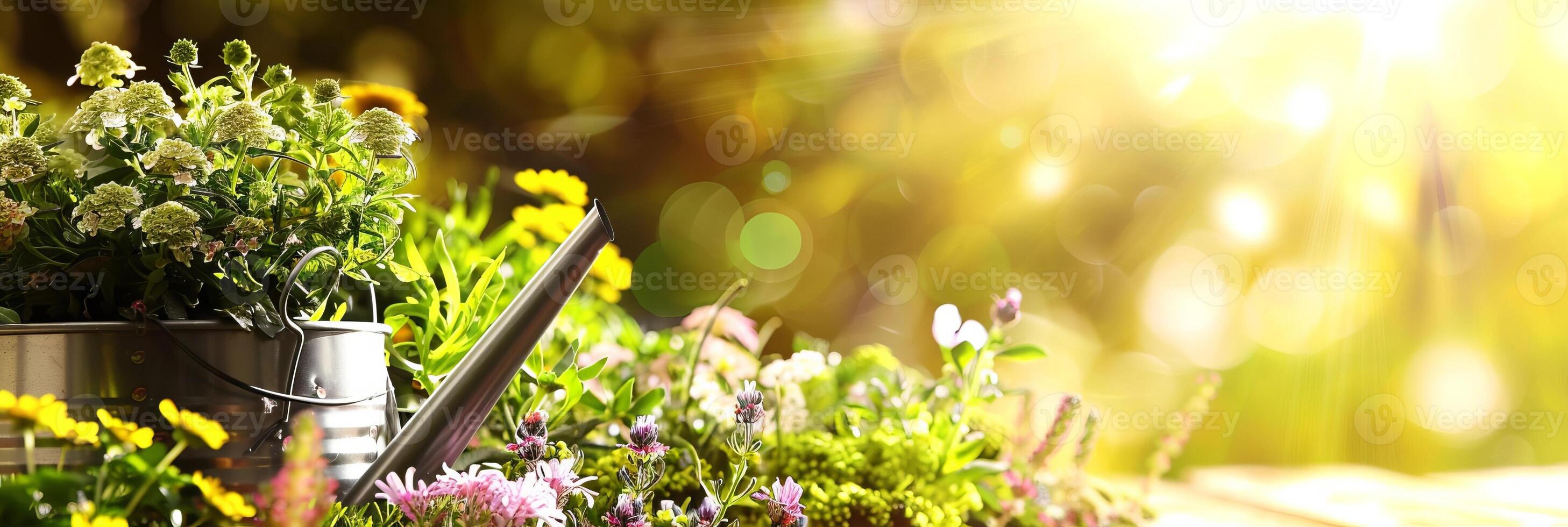 banner on garden theme with watering can and green plants with place for text photo