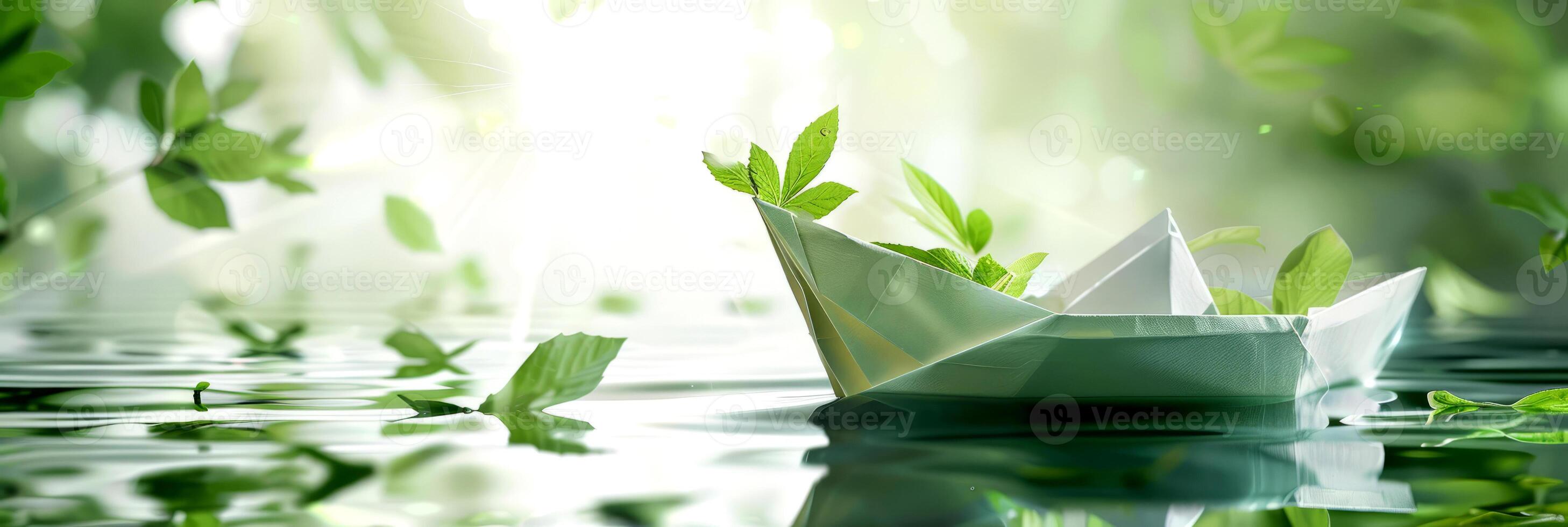 banner is paper boat with green leaves floating on water with place for text photo
