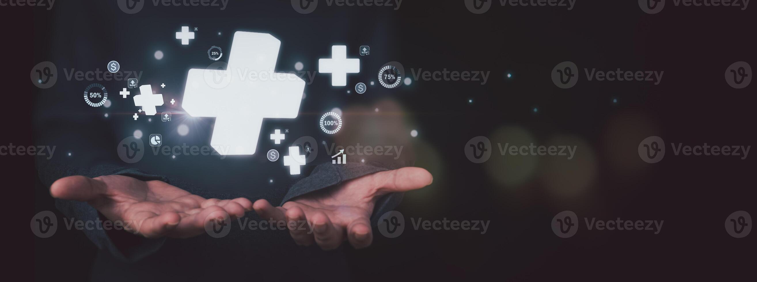 plus sign icon floating in the air on hand It symbolizes the introduction of positive elements such as personal development, social profit, health insurance and a growth mindset. photo