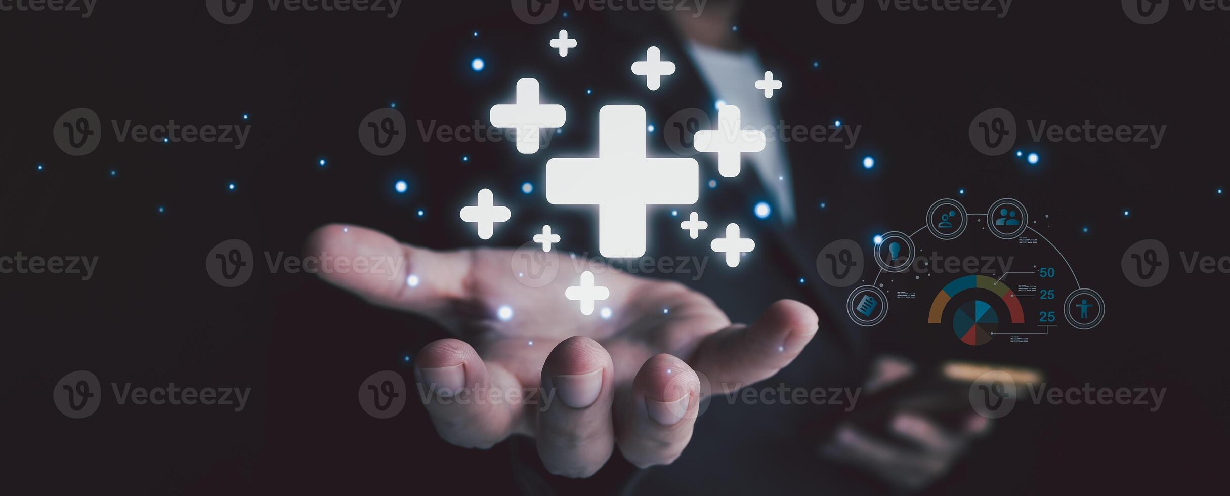 plus sign icon floating in the air on hand It symbolizes the introduction of positive elements such as personal development, social profit, health insurance and a growth mindset. photo