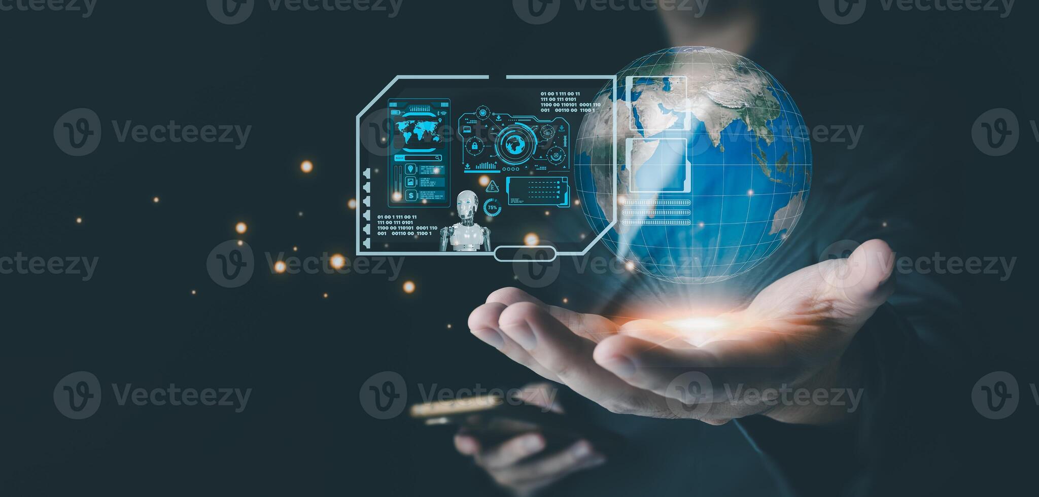 Businessman is showing concept of future technology and internet connection network with AI as controller. A graphic floated in the air on his hand. Data center network concept. photo