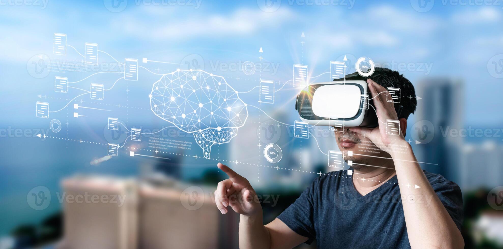 Businessman is showing concept of future technology and internet connection network with AI as controller. A graphic floated in the air on his hand. Data center network concept. photo