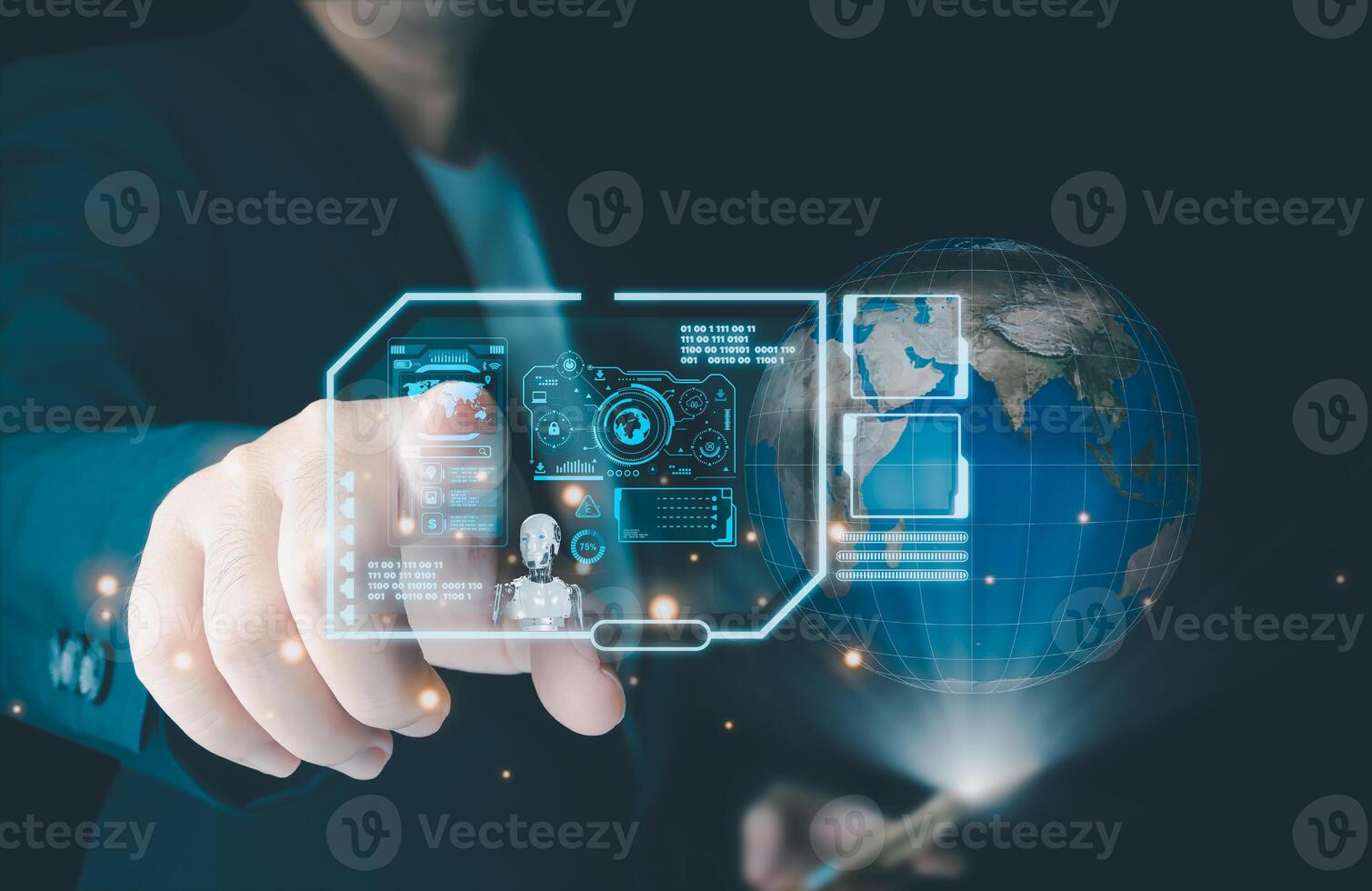 Businessman is showing concept of future technology and internet connection network with AI as controller. A graphic floated in the air on his hand. Data center network concept. photo