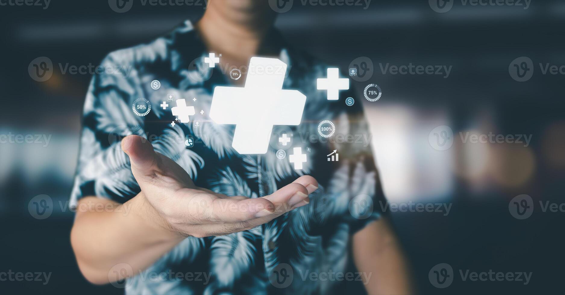 plus sign icon floating in the air on hand It symbolizes the introduction of positive elements such as personal development, social profit, health insurance and a growth mindset. photo