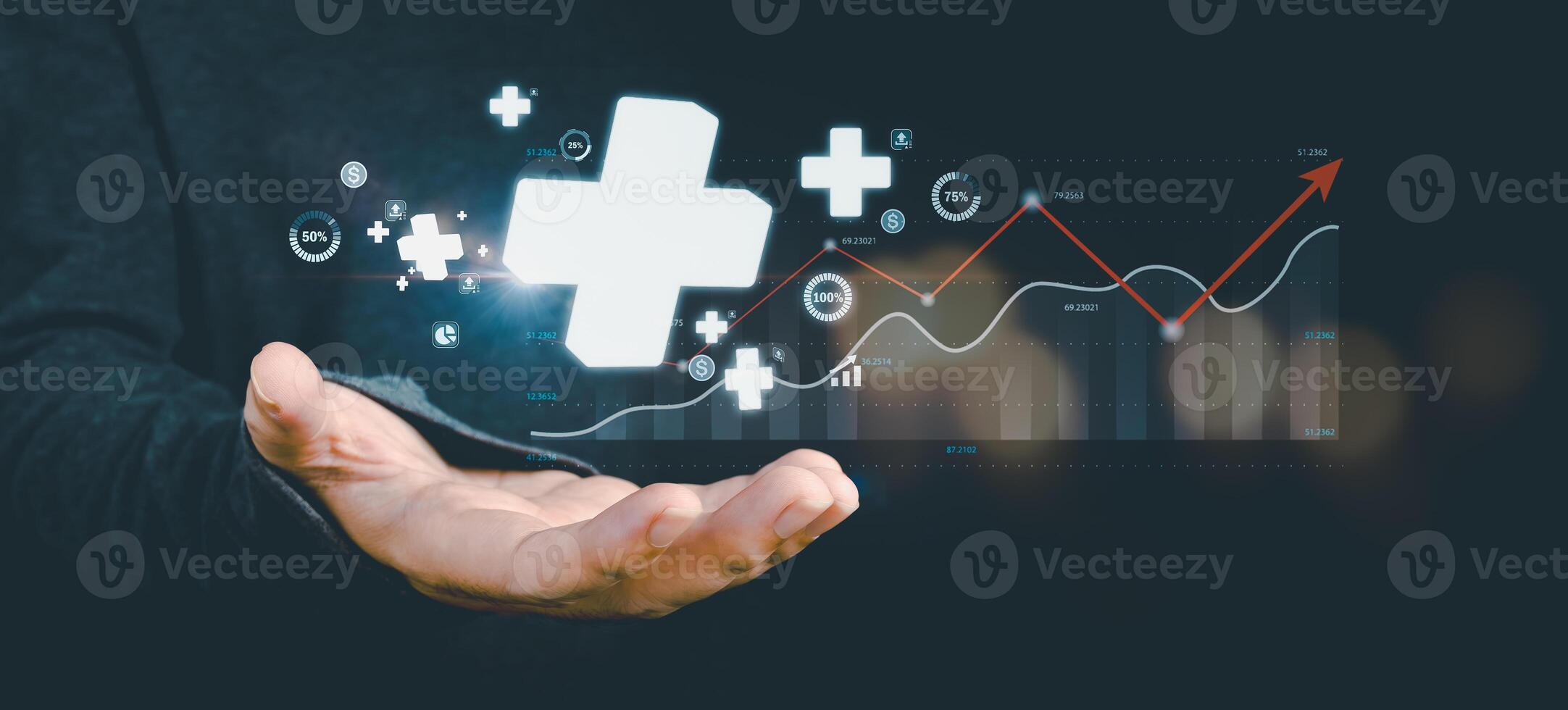 plus sign icon floating in the air on hand It symbolizes the introduction of positive elements such as personal development, social profit, health insurance and a growth mindset. photo