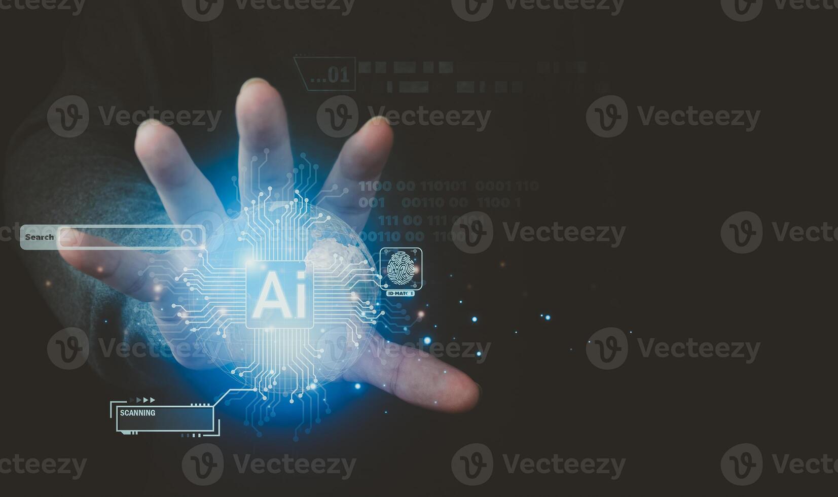 Businessman is showing concept of future technology and internet connection network with AI as controller. A graphic floated in the air on his hand. Data center network concept. photo