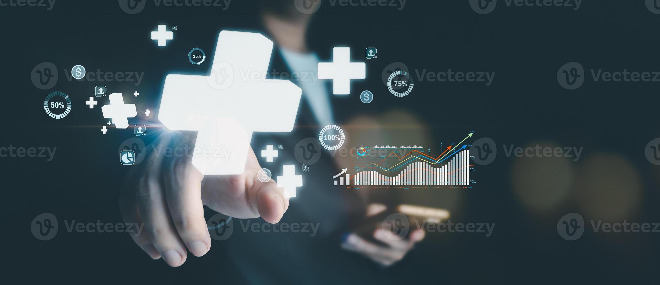 plus sign icon floating in the air on hand It symbolizes the introduction of positive elements such as personal development, social profit, health insurance and a growth mindset. photo