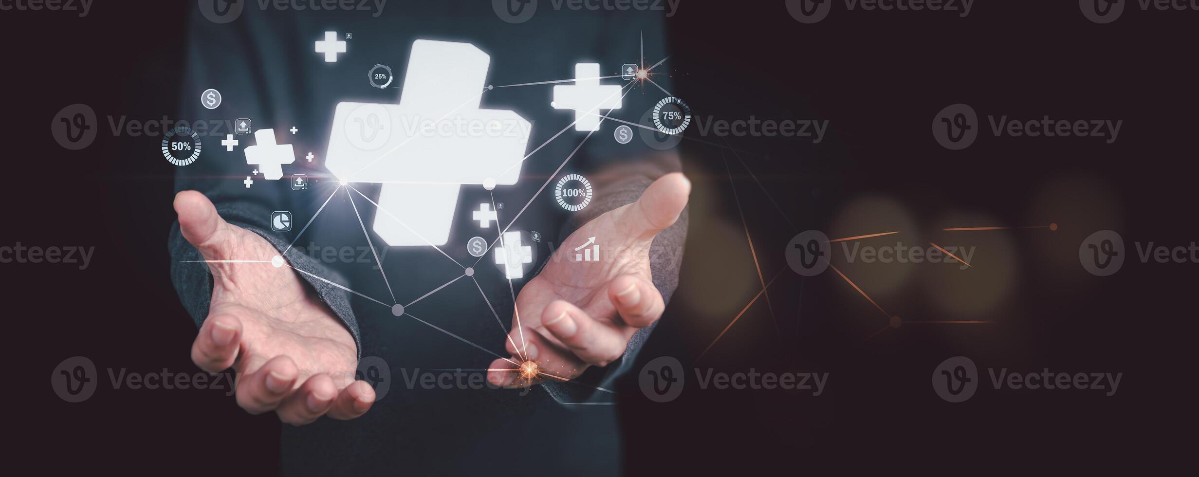 plus sign icon floating in the air on hand It symbolizes the introduction of positive elements such as personal development, social profit, health insurance and a growth mindset. photo
