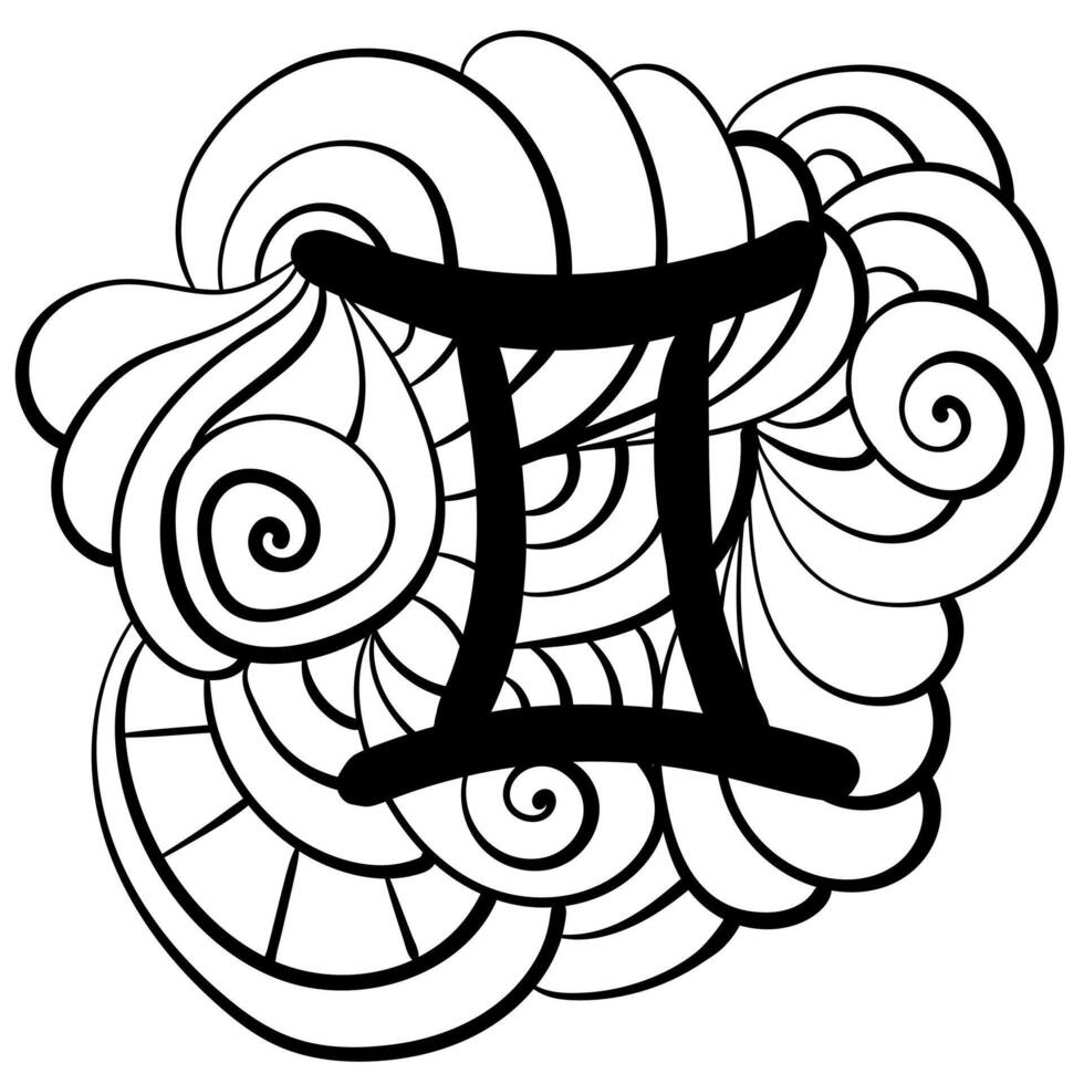 Gemini zodiac sign symbol, doodle patterns page coloring book or design vector