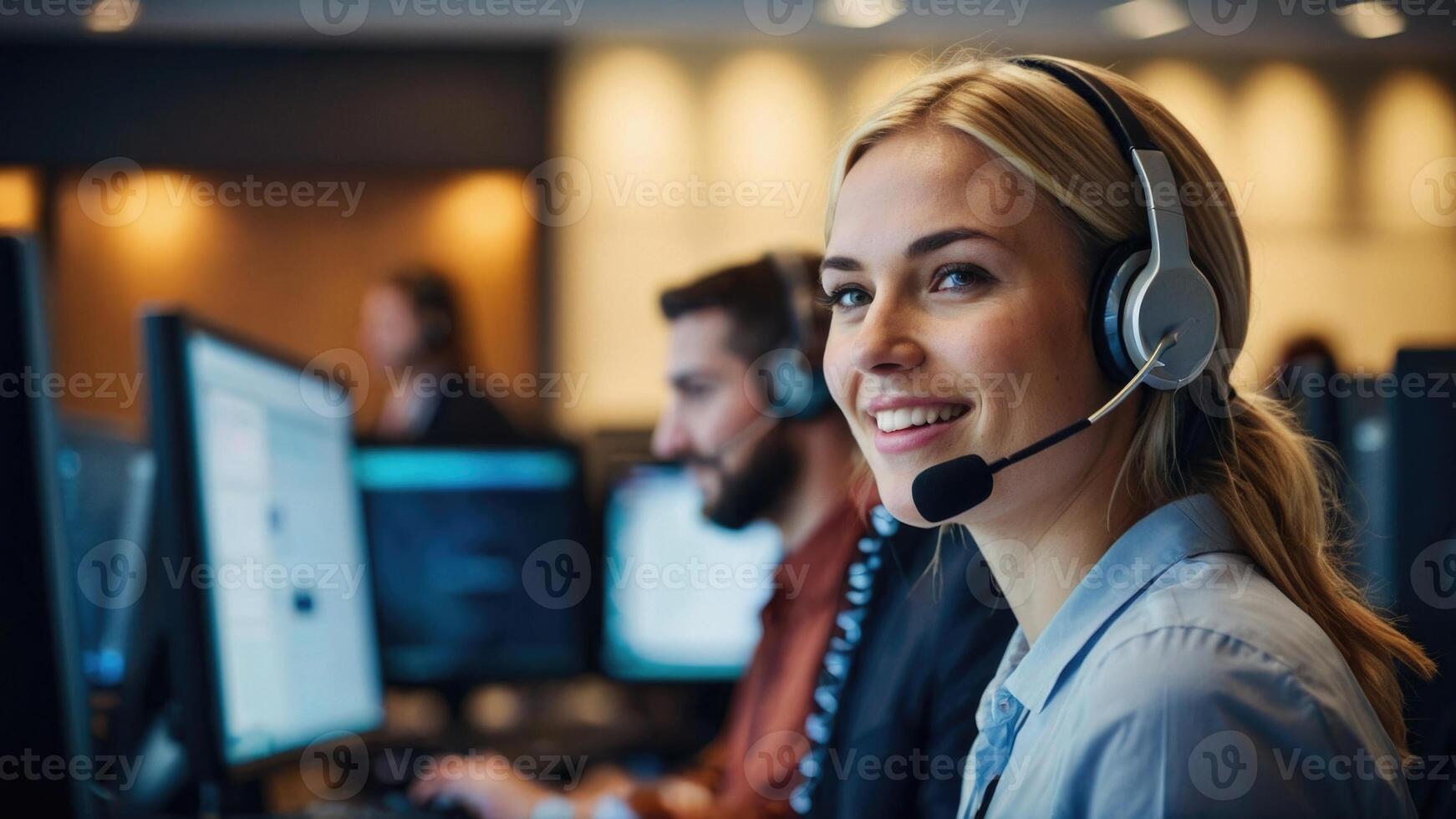 a woman wearing a headset in a call center photo