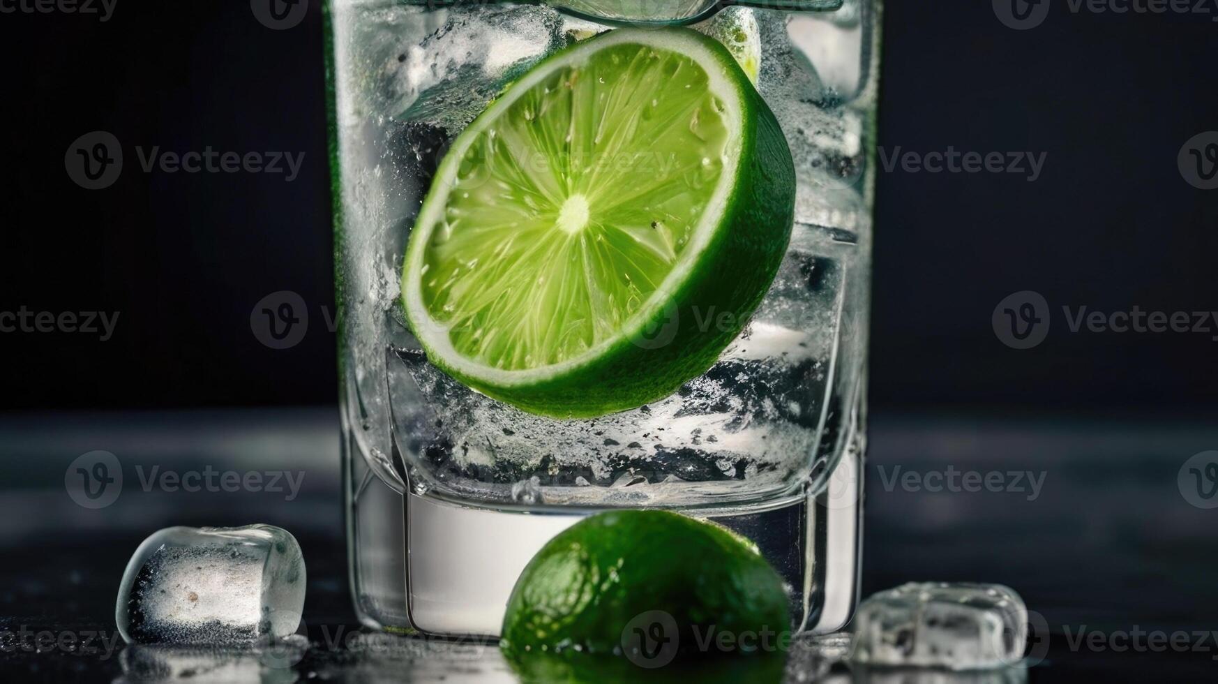 a glass of ice water with lime slices photo