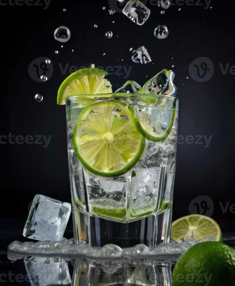 a glass of ice water with lime slices photo