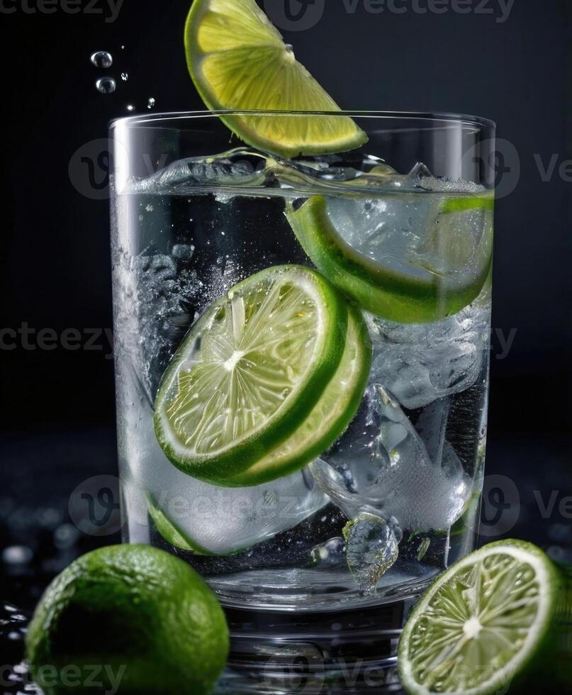 a glass of ice water with lime slices photo