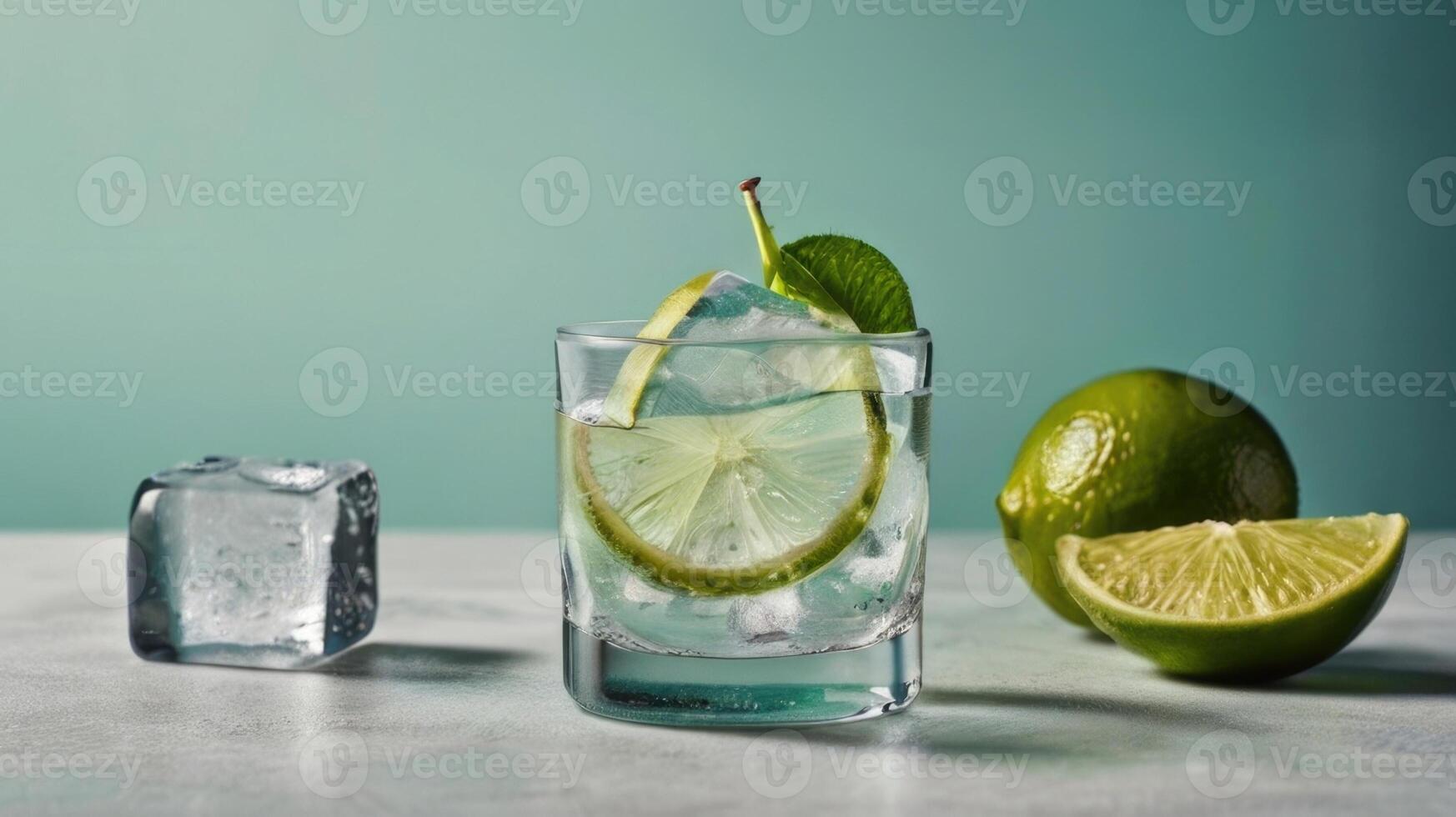 a glass of ice water with lime slices photo